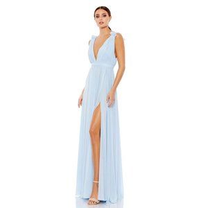 Mac Duggal Womens 6 Gown Pleated Chiffon Sleeveless V-Neck Maxi Dress Blue New